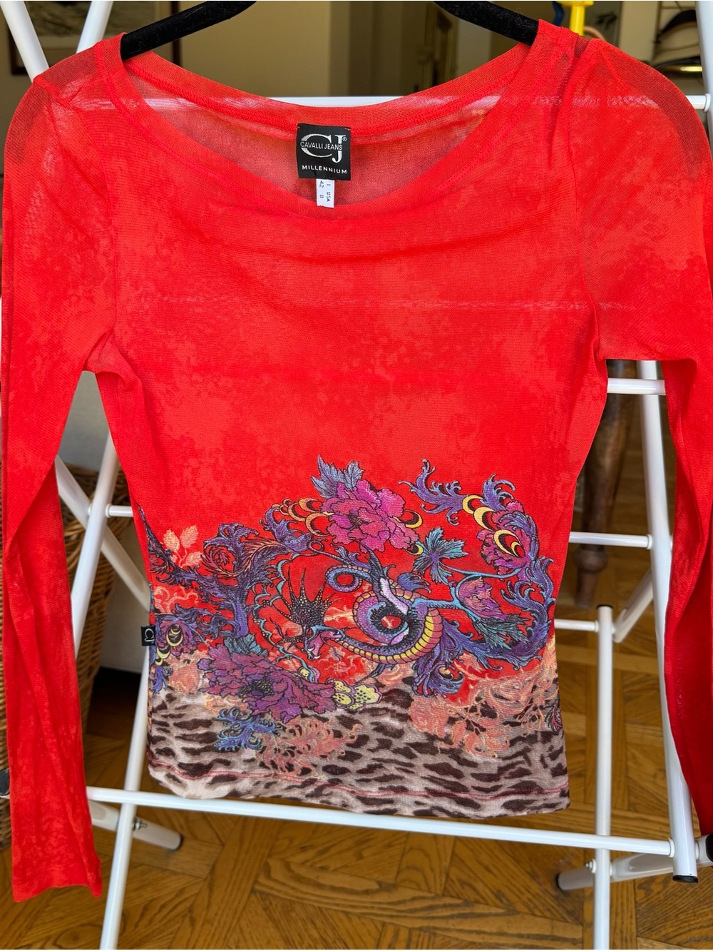Just Cavalli Red Sheer Long-Sleeve Top with Colorful Floral and Animal Border